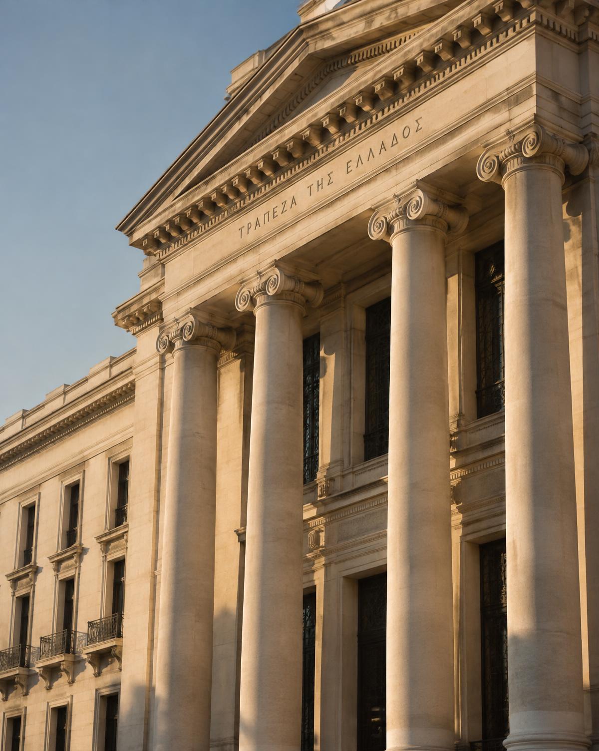 Neoclassical stone facade with Ionic columns in warm afternoon light